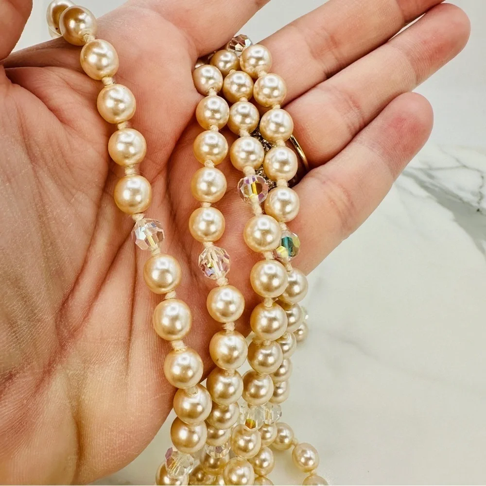 Vintage Glass Pearl Necklace Aurora Borealis Faceted Crystals Knotted Opera 52”